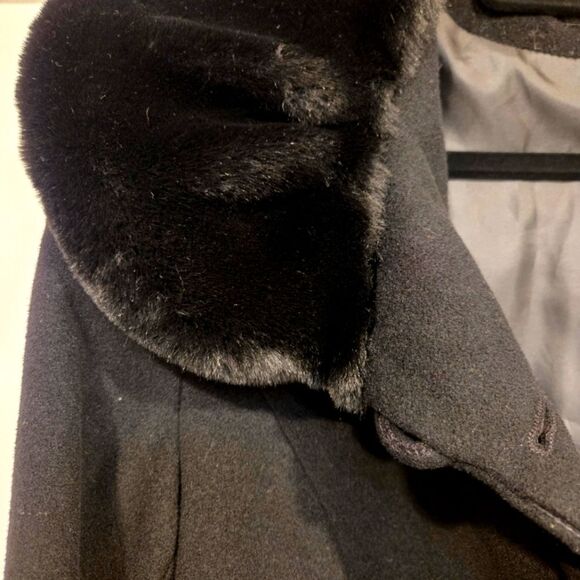 Vintage Women's Wool Dress Coat Faux Fir Collar Black 3/4 Length Plus Size 16 - Picture 3 of 11